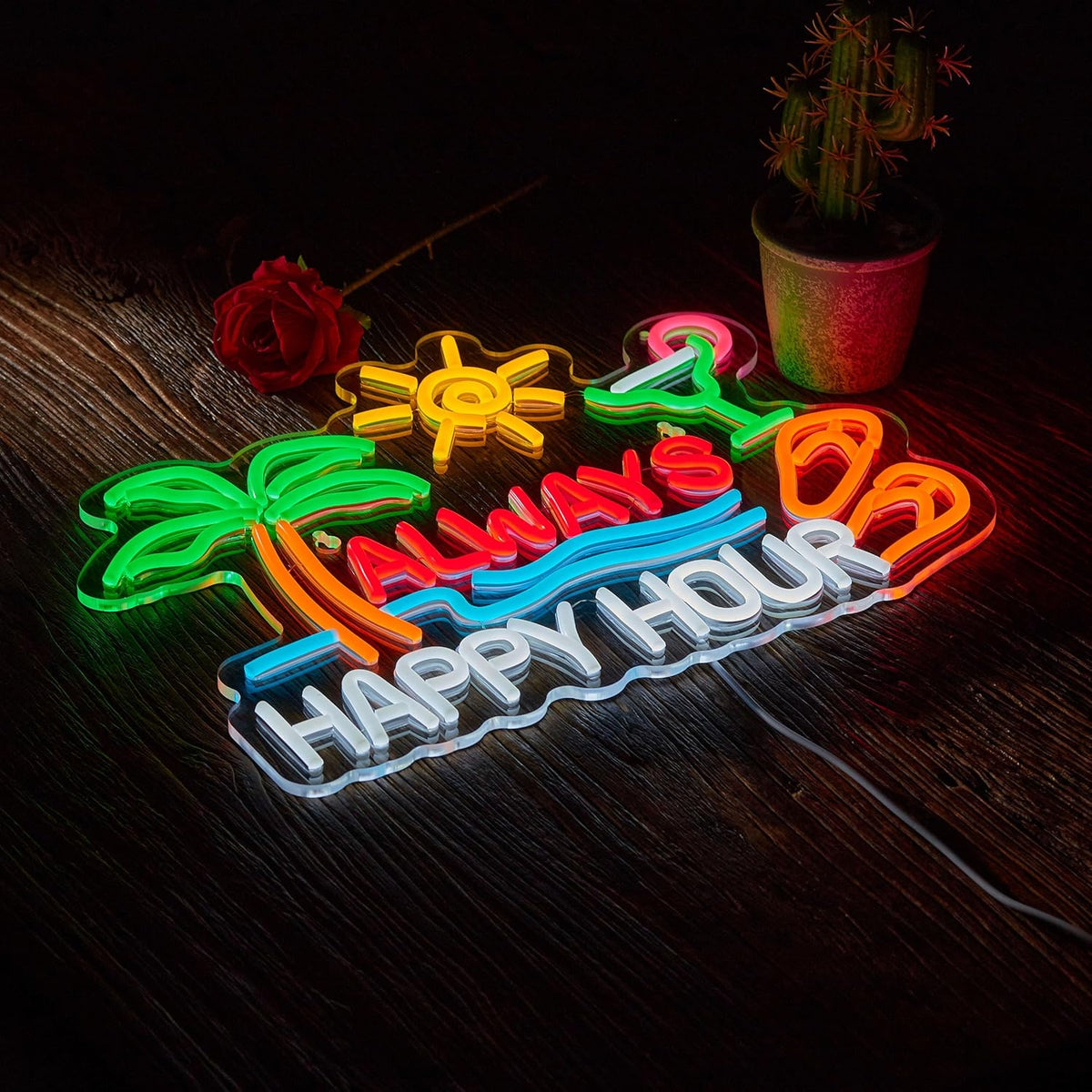 Always Happy Hour Beer Bar Neon Sign for Wall Décor Dimmable USB LED Neon Light for Home Tiki Bar Decor Man Cave Parties Gift