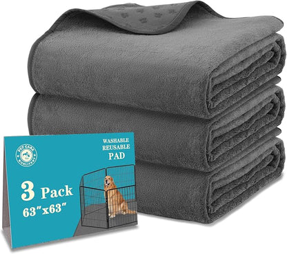 Bunlitent Washable Pee Pads for Dogs, 63'' x 63'', 3 Packs, Grey, Quick-Dry | Extra Large,Non-Slip Waterproof, Fast Absorbent, Reusable Whelping Pads, For Puppy, Senior Dog, Incontinence