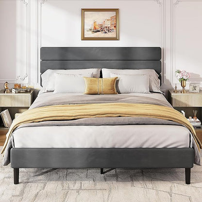 WLIVE Queen Size Upholstered Bed Frame, Velvet Square Tufted Headboard, Sturdy Metal & Wooden Slats Support, No Box Spring Needed, Light Grey