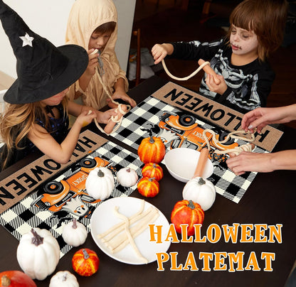Halloween Pumpkin Placemats Set of 4, 12x18 Inch Plaid Truck Decorative Table Mats, Washable Heat Resistant Place Mats for Kitchen Dining Table, Spooky Themed Decoration for Home-B08