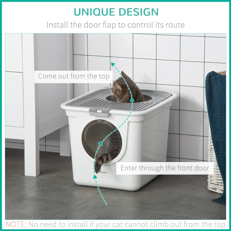 Covered Cat Litter Box, Easy Cleaning Kitty Litter Box With Front Entrance, Top Exit, Scoop, For Odor Control, White