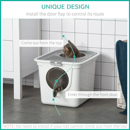 Covered Cat Litter Box, Easy Cleaning Kitty Litter Box With Front Entrance, Top Exit, Scoop, For Odor Control, White