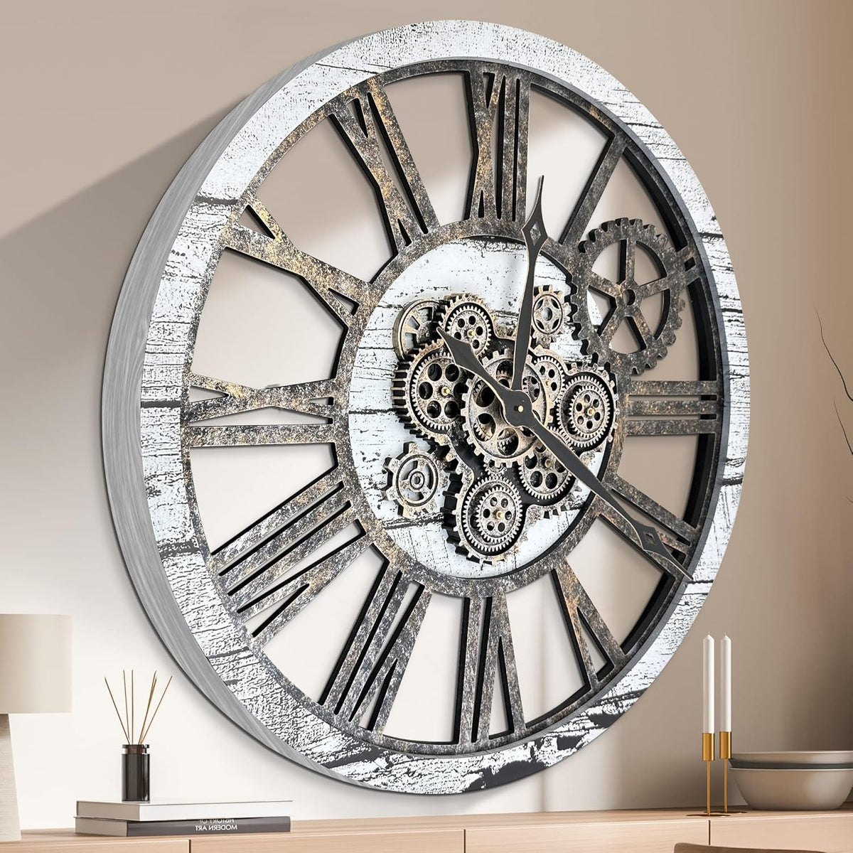 HOIBAI Large Wall Clock Clocks for Living Room Decor Oversized 30 Inch Wall Decor Farmhouse Vintage Rustic Industrial Roman Big Chic Home Decor Wall Clock for House Bedroom, Moving Gears Clock