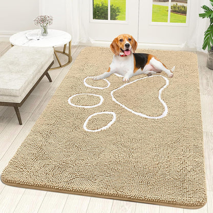OLANLY Door Mat for Muddy Dog Paws 59x35, Ultra Absorbent Chenille Mud Doormat with Paw Print Design, Non-Slip Washable Doormat for Indoor Entryway, Quick-Dry Pet Bed Mats for Dirty Dogs, Beige