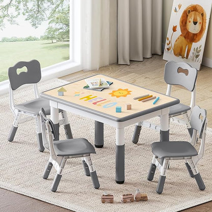 Kids Study Table and Chairs Set, Height Adjustable Toddler Table and Chair Set for Kids Ages 3-8, 31.5" L x 23.6" W Graffiti Desktop Plastic Children Art Table with 4 Seats, Grey