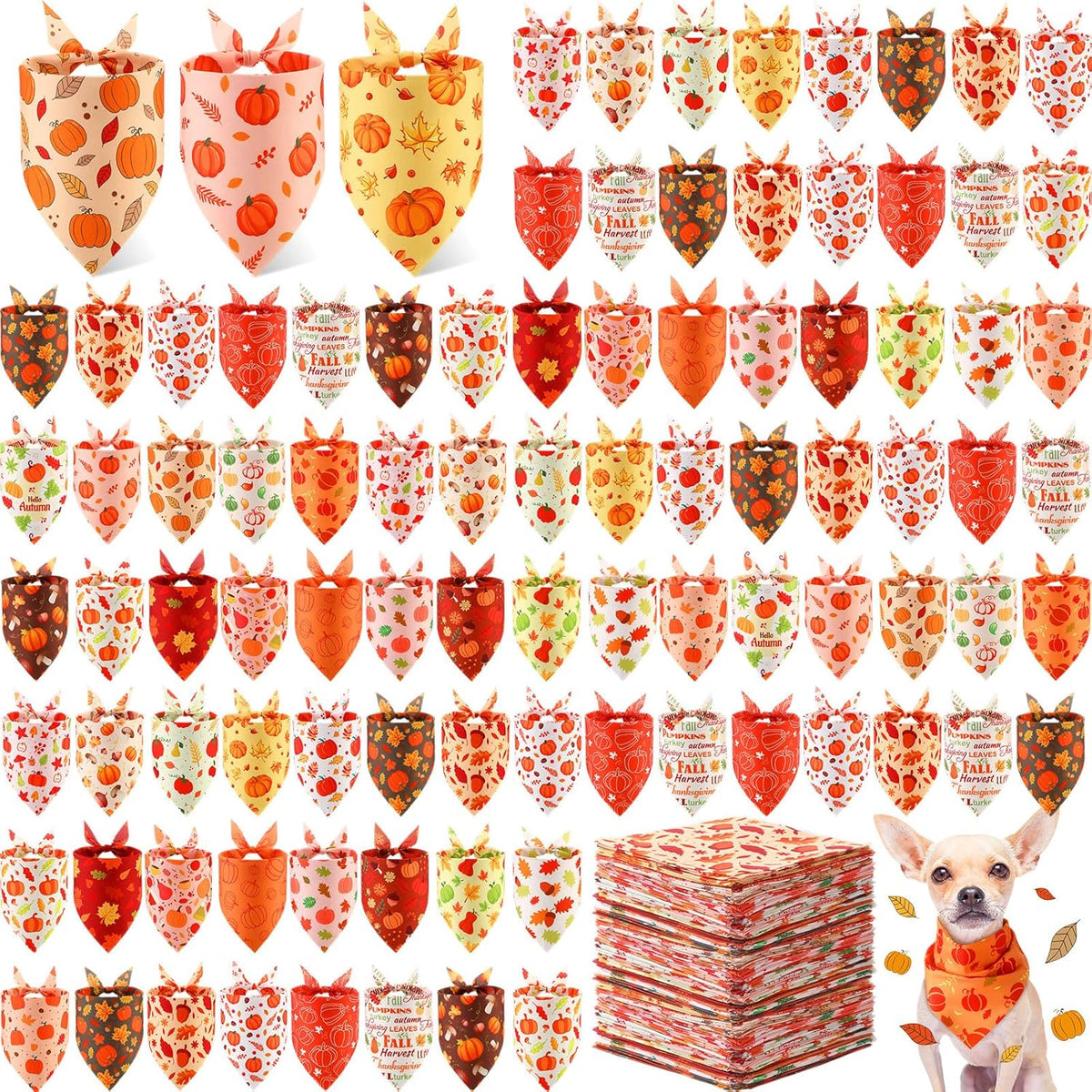 Abbylike 200 Pcs Fall Thanksgiving Dog Bandanas Bulk Pumpkin Bandanas for Dogs Pets Triangle Kerchief Bibs Scarf for Pets Autumn Costume Photo Props Accessories Pet Shops Adoption Events, 25 Styles