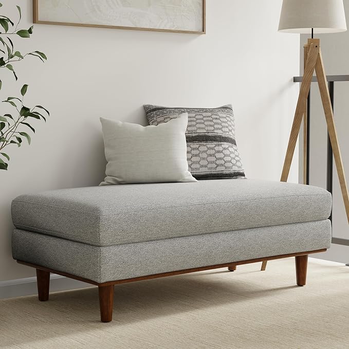 SIMPLIHOME Morrison 49-inch Wide Table Ottoman in Mist Grey Woven-Blend Fabric, Multifunctional Footrest, Coffee Table, or Extra Seating for Living Room, Mid-Century Modern Style