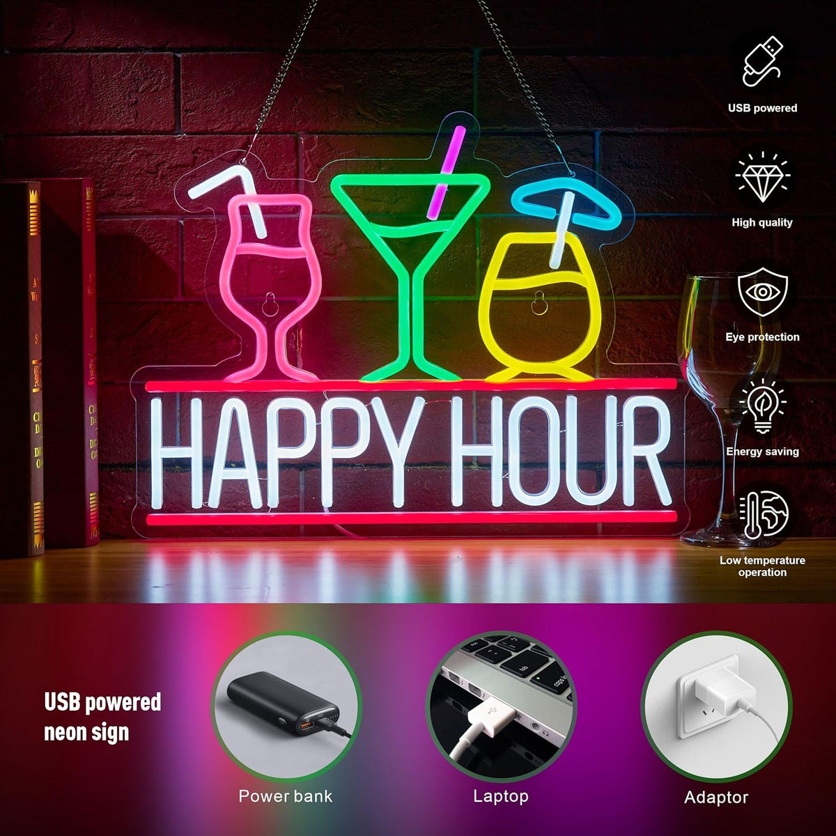Happy Hour Neon Sign for Wall Decor Beer Bar Signs, USB Powered Dimmable LED Art Lights for Bar Pub Man Cave Party Club