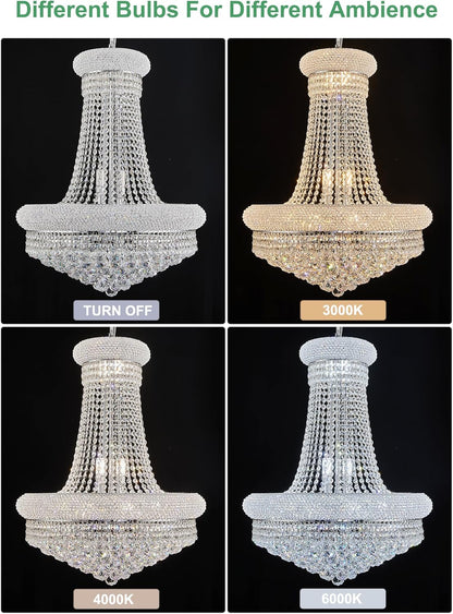 14 - Light Unique Empire Crystal Chandelier with Adjustable Chain for High Ceiling Foyer Entryway Living Room Dining Room Bedroom Chrome Finish