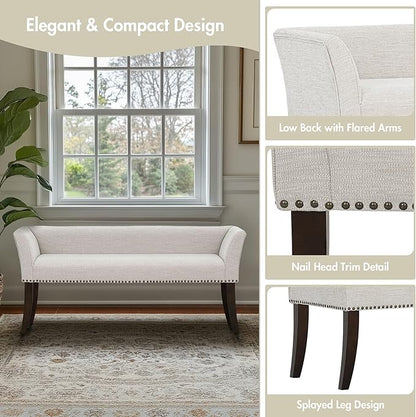 Madison Park Accent Bench for Living Room, Upholstered with Nailhead Trim, & Padded Seat Entryway Bench Small, End of Bed Bench with Back, 49.5" W x 19.25" D x 23" H, White Cream