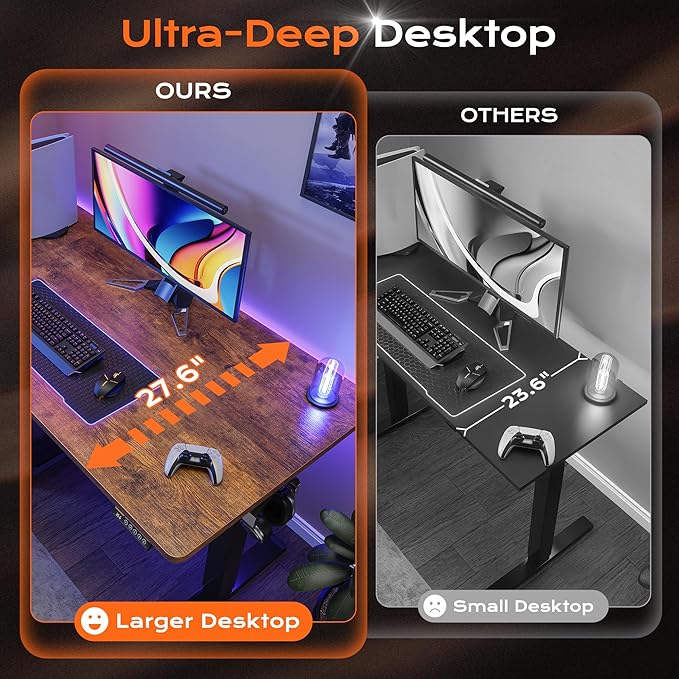 Huuger 55 x 28 Large Electric Standing Desk, Height Adjustable Computer Desk, 27.6" Deep Desktop, Stand up Gaming Office Desk with 2 Hooks, 3 Preset Heights, for Home Office, Rustic Brown