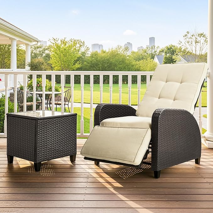 Outdoor Patio Recliner with Independently Adjustable Backrest and Footrest, All-Weather Wicker Patio Chair with Side Table, 160° Lay Flat Patio Reclining Lounge Chair for Backyard Garden, Beige