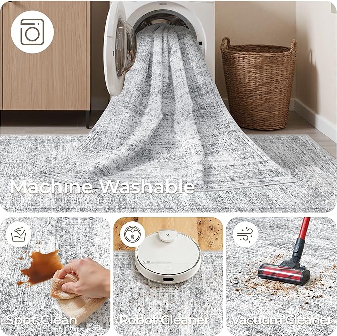 3x14 Washable Runner Rug for Hallway, Non-Slip Long Hallway Runner for Entryway, Soft Vintage Kitchen Mats for Floor, Abstract Dining Room, Bedroom, Living Room Rugs(3'x14', Grey/Ivory)