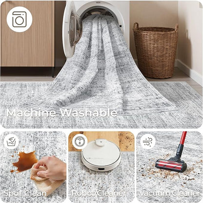 Washable Runner Rug 2.5x14, Non-Slip Long Hallway Runner for Entryway, Soft Vintage Kitchen Mats for Floor, Abstract Dining Room, Bedroom, Living Room Rugs(2.5'x14', Grey/Ivory)