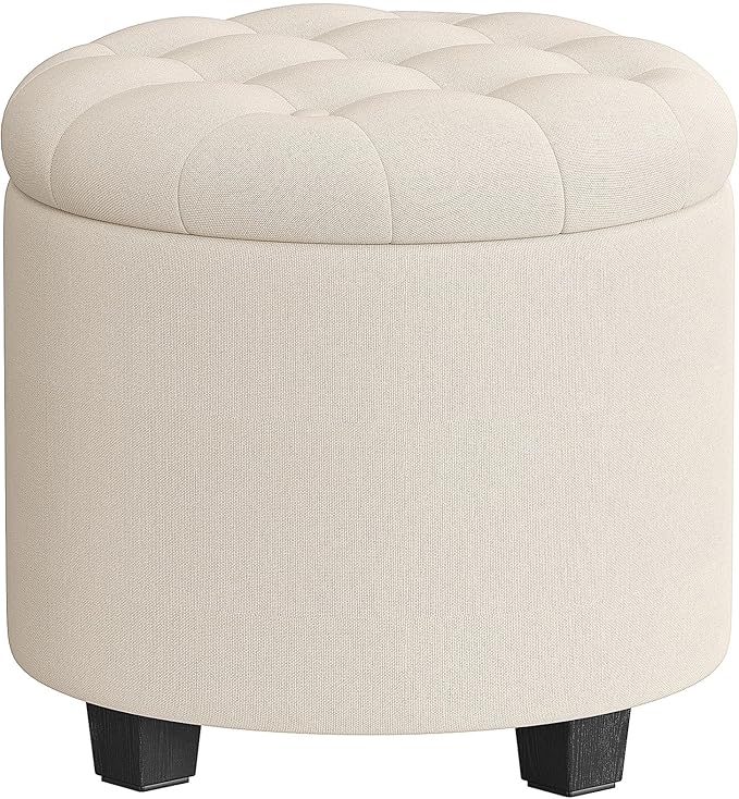 SONGMICS Round Ottoman, Ottoman with Storage, 17.7 x 17.7 x 17.5 Inches, Foot Rest with Legs, Linen-Look Fabric, Load up to 330 lb, for Living Room, Bedroom, Light Beige ULOM011W01