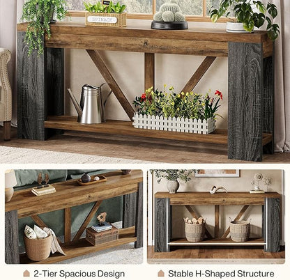 Tribesigns 70.9" Extra Long Entry Table, Farmhouse Wood Console Table with Storage, Modern Accent Sofa Table Behind Couch Foyer Tables for Entryway, Living Room, Entrance, Rustic Brwon
