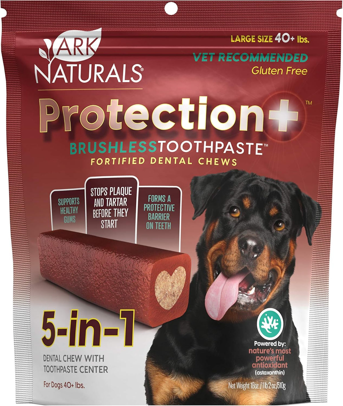 Ark Naturals Protection+ Brushless Toothpaste – Large Breeds, 18oz Bag – Dog Dental Chew with Toothpaste Center – Prevent Plaque & Tartar and Freshen Breath with Dental Chews for Dogs