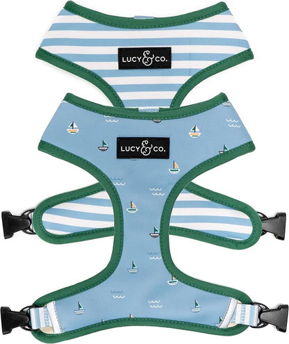 Lucy & Co. Reversible Dog Harness - Water-Repellent Neoprene, Dual-Print Design, Easy Swap Style, Adjustable Comfort Fit - Set Sail Reversible Harness - Small