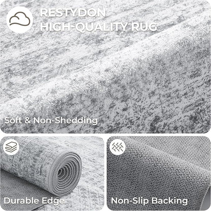 2x5 Rug Runner Washable for Entryway, Soft Bathroom Rugs with Non-Slip Backing, Abstract Low Pile Hallway Runner, Vintage Small Kitchen Carpet for Stair, Laundry Room(2'x5', Grey/Ivory)