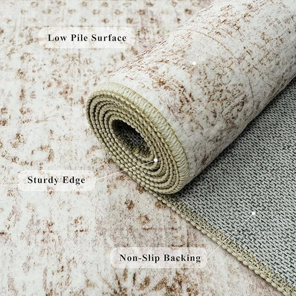 2'6x12 Washable Hallway Runner Rug - Vintage Kitchen Rugs with Non Slip Backing Low Pile Stain Resistant Carpets for Living Room Bedroom Entryway Soft Floor Mat for Laundry 2.6x12 Beige Brown
