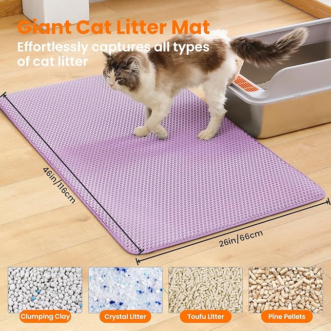 Jumbo Cat Litter Mat, 46x26 Inches Double Layer Honeycomb Litter Trapping Mat, Non Slip Waterproof Urine Proof Extra Large Cat Litter Box Mat, Kitten Supplies and Essentials, XXL, Purple