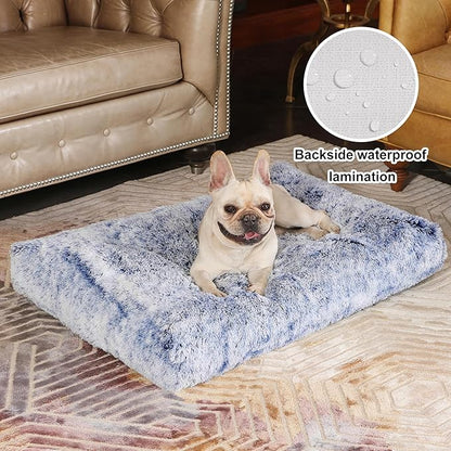 Bedfolks Waterproof Crate Bed With Removable Washable Cover, Plush Faux Fur Pad for Medium Dogs, Fluffy Kennel Bed 29"x21", Dark Blue