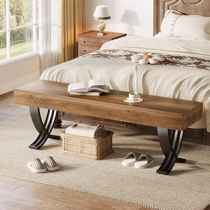 Tribesigns Entryway Shoe Bench, 55-Inch Wooden Shoe Bench with Metal X-Shaped Legs, Industrial Long End of Bed Stool with Seating for Bedroom, Living Room, Hallway, Porch