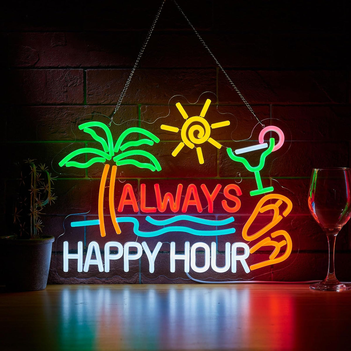 Always Happy Hour Beer Bar Neon Sign for Wall Décor Dimmable USB LED Neon Light for Home Tiki Bar Decor Man Cave Parties Gift