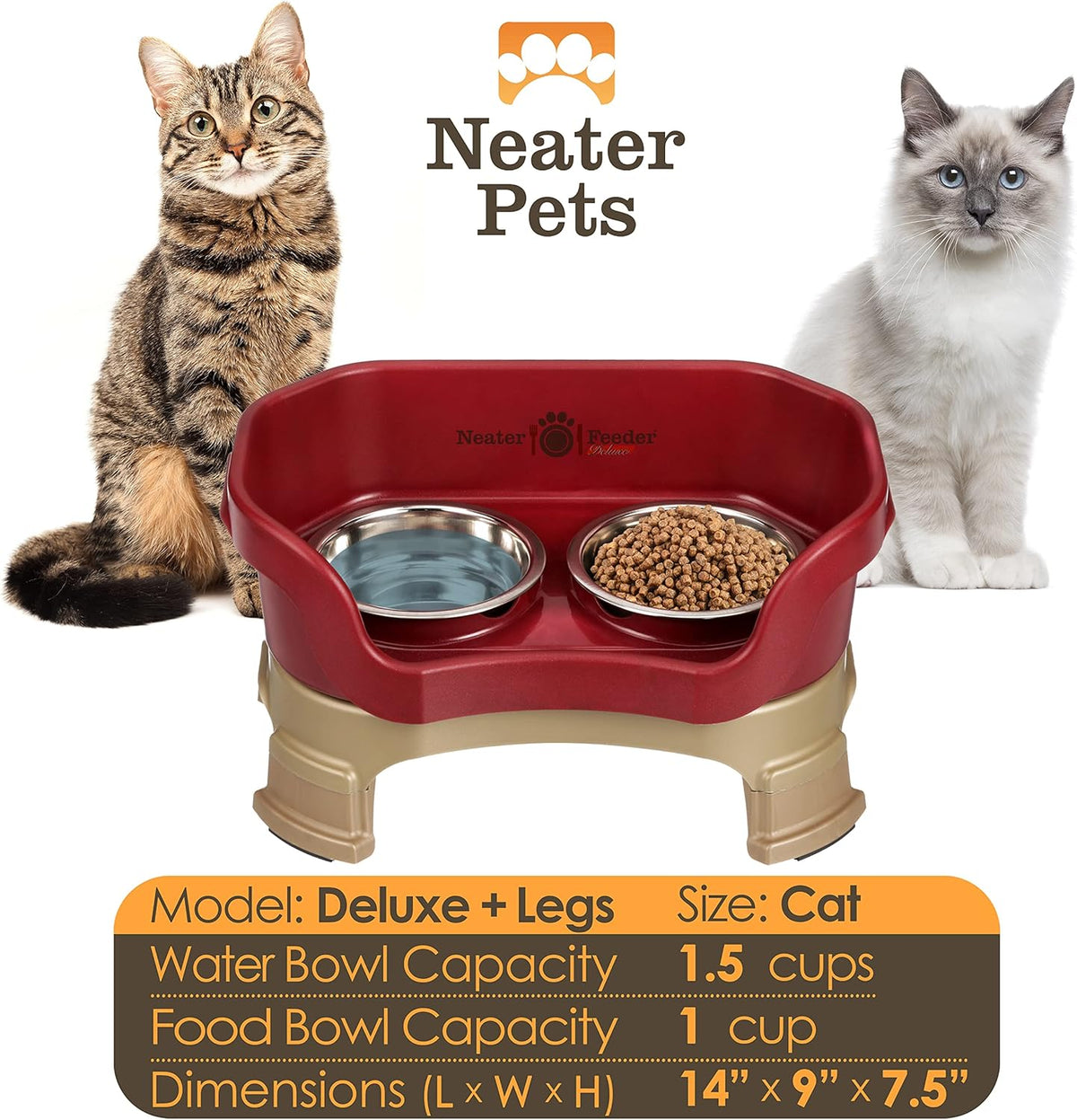 Neater Feeder Deluxe Mess Proof Cat Bowls Elevated for All Breeds – Made in USA – No Spill Raised Cat Bowls for Indoor Cats w/Leg Extensions – Stainless Steel Cat Food and Water Bowl Set - Red