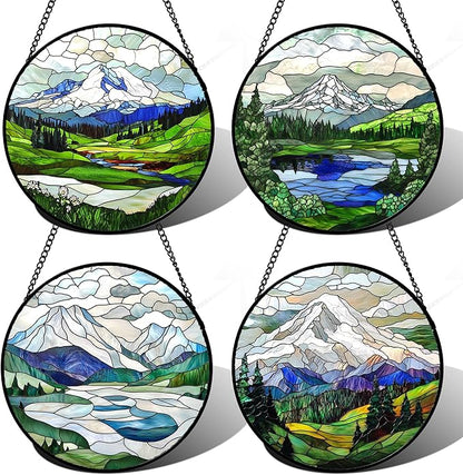 Stained Glass Window Hanging 4 Pcs Set Mountains Lake Green White Landscape 7.8" - Suncatcher Door Garden Sun Catcher Decor Birthday Christmas for Mom Woman Nana Men