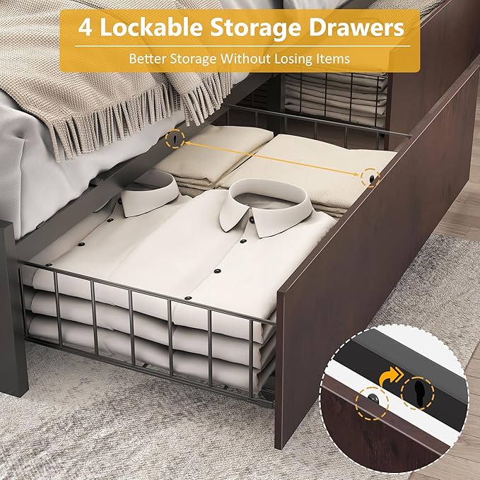 Lifezone Queen Bed Frame with 2-Tier Storage Headboard, Metal Platform Bed Frame with 4 Storage Drawers, Built in Charging Station & LED, Noise-Free/Metal Support/No Box Spring Needed, Coffee Brown