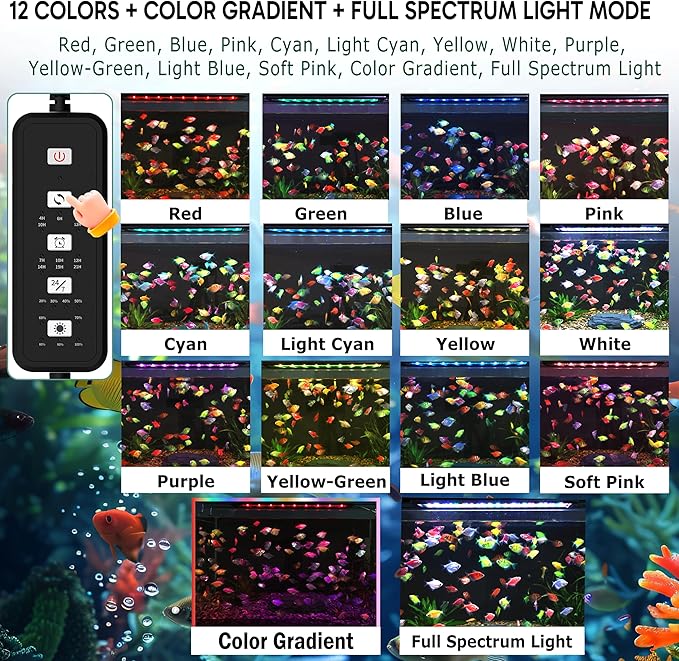 24/7 LED Aquarium Light for 12-18 Inch Plant & Fish Tank, 12-Color & Gradient & Full Spectrum with Auto On/Off, Brightness, Sunrise-Daylight-Moonlight, Extendable Brackets for Freshwater IP68