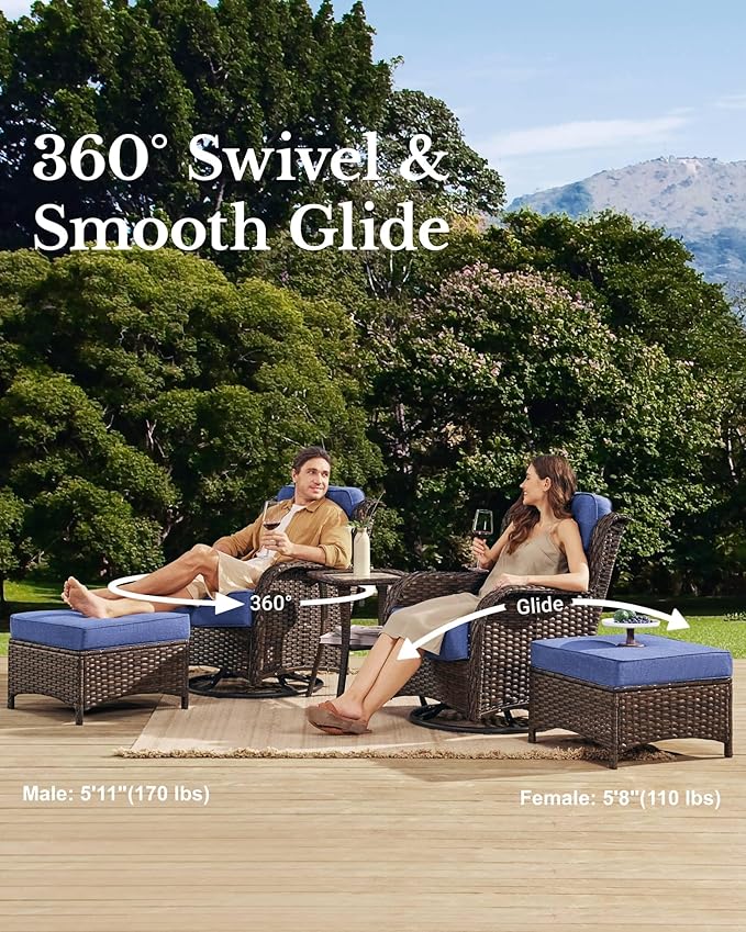 HILLGA Luxury Outdoor Swivel Rocker Patio Chairs of 2 with 6 Inch Thick Cushions and Side Table, Swivel Outdoor Chairs 5PCS High Back Wicker Patio Furniture Set for Porch, Balcony, Deck in Blue