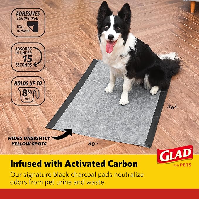 Glad for Pets Giant Activated Carbon Training Pads, 30 x 36 In, 24 Ct, 6-Pk | Adhesive backing and wall protection for leak-proof, super-absorbent day-to-night coverage