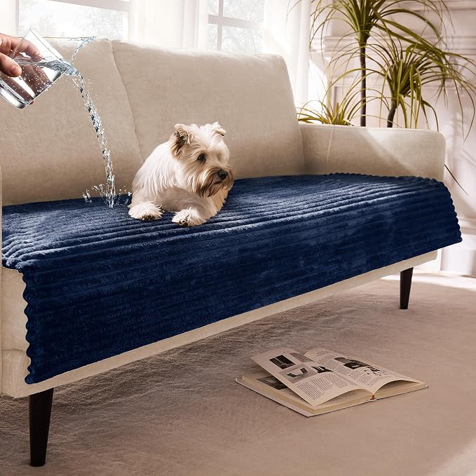 Waterproof Dual Non-Slip Couch Cover for Dogs, Fuzzy Soft Pet Couch Covers for 2 Cushion Sofa loveseat, Pet Friendly Soft Dog Bed Covers Sofa Cover Washable (Navy Blue, 33" x 62" 1 Pack)