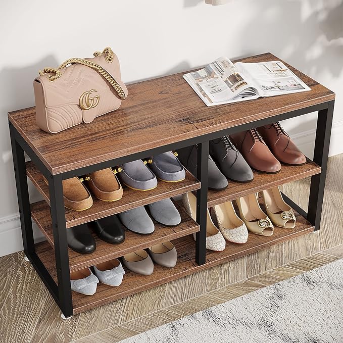LITTLE TREE Coat Shoe Rack, Hall Tree Entryway Bench Set for Hallway, Living Room, Bedroom, Brown