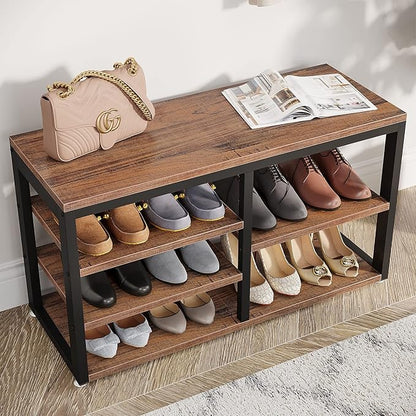 LITTLE TREE Coat Shoe Rack, Hall Tree Entryway Bench Set for Hallway, Living Room, Bedroom, Brown