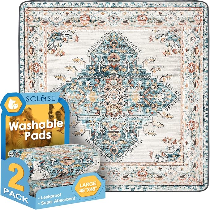 SCLOSE Washable Pee Pads for Dogs Large 2 Pack, 48" x 48" Reusable Puppy Pads Waterproof Dog Rugs, Super Absorbent, Leakproof, Dog Crate Pad, Playpen Mat, Whelping Pads, Blue Medallion