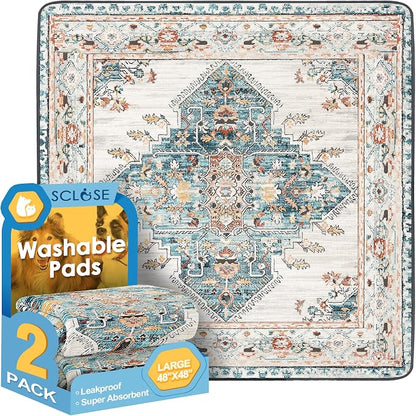 SCLOSE Washable Pee Pads for Dogs Large 2 Pack, 48" x 48" Reusable Puppy Pads Waterproof Dog Rugs, Super Absorbent, Leakproof, Dog Crate Pad, Playpen Mat, Whelping Pads, Blue Medallion