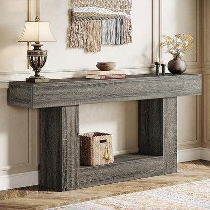 Tribesigns 63" Console Table, Farmhouse 2-Tier Entryway Table with U-Shaped Base, Narrow Long Wood Sofa Table Behind Couch Table for Living Room, Hallway, Foyer, Dark Gray