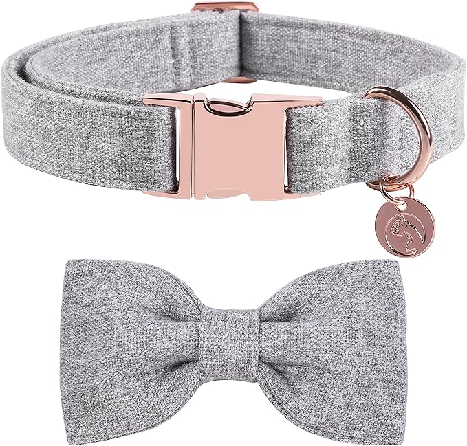 DOGWONG Hemp Cotton Dog Collar with Bow Grey Pet Collar Durable Adjustable Puppy Collar for Small Medium Large Dogs