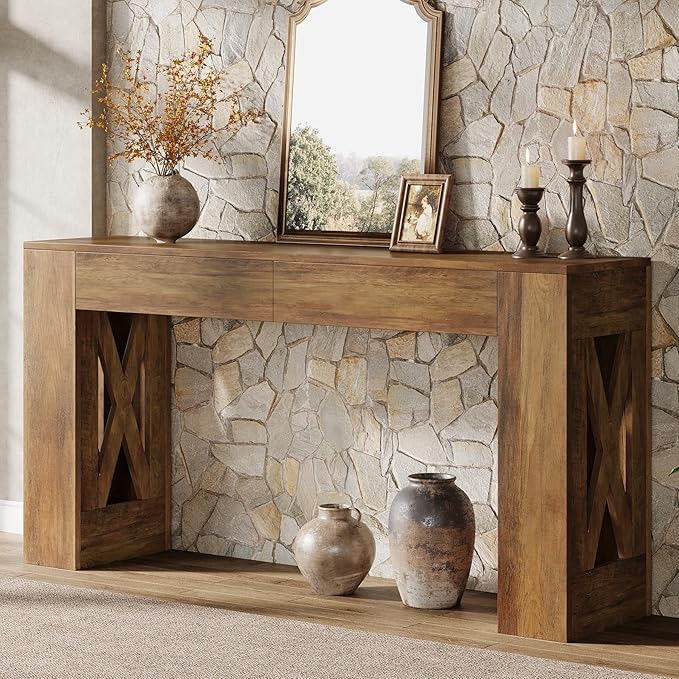 Tribesigns 63-Inch Long Console Table, Farmhouse Entryway Table with 2 Drawers and X-Shaped Legs, Narrow Sofa Furniture Behind The Couch for Entrance, Hallway, Living Room, Warm Brown