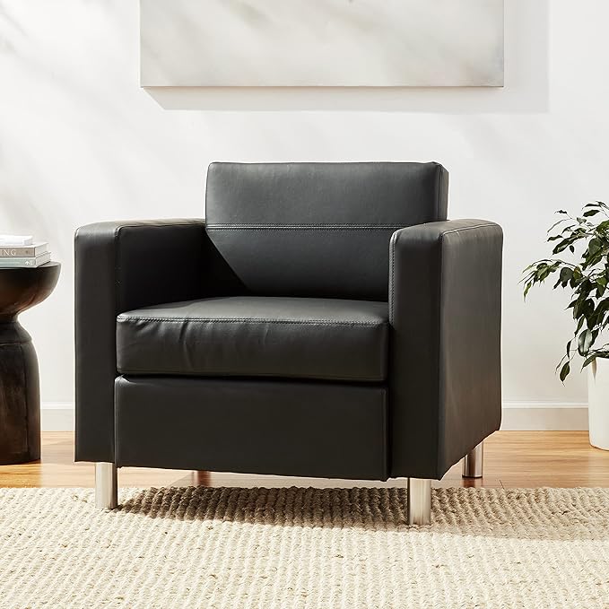 OSP Home Furnishings Pacific Armchair with Padded Box Spring Seats and Silver Finish Legs, Black Vinyl