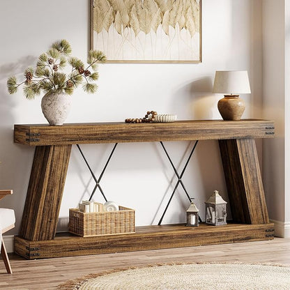 Tribesigns 70.9" Farmhouse Console Table, Long Sofa Table Behind Couch with Storage, Narrow Wooden Console Station, Industrial Rustic Entryway Furniture for Hallway, Entry, Living Room (1, Dark Brown)