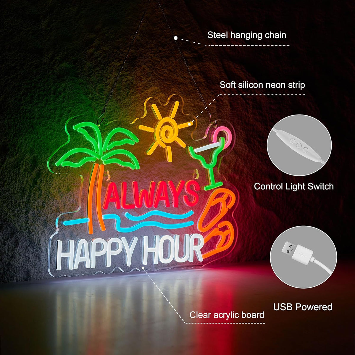 Always Happy Hour Beer Bar Neon Sign for Wall Décor Dimmable USB LED Neon Light for Home Tiki Bar Decor Man Cave Parties Gift
