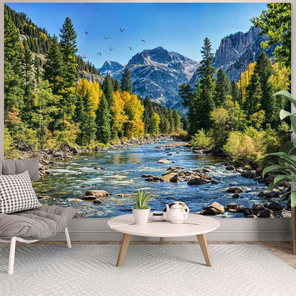 AMM Nature Forest Mountain Tapestry Green Pine Tree Tapestry for Bedroom Aesthetic Flowing River Landscape Tapestries Wall Hanging Bird Decor for Living Room Classroom Dorm Office