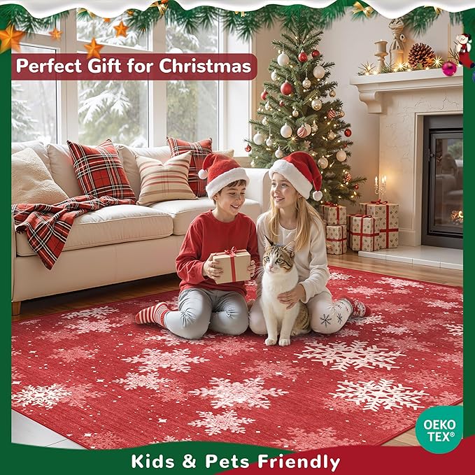 3x5 Christmas Area Rug for Entryway, Soft Kitchen Rugs Non Slip for Dining Room, Washable Snowflake Doormat, Red and White Christmas Porch Decor Indoor(3'x5', Red/White)