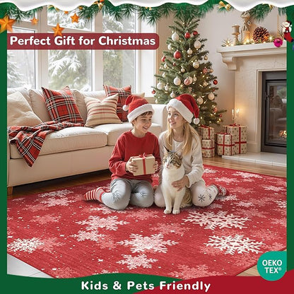 3x5 Christmas Area Rug for Entryway, Soft Kitchen Rugs Non Slip for Dining Room, Washable Snowflake Doormat, Red and White Christmas Porch Decor Indoor(3'x5', Red/White)