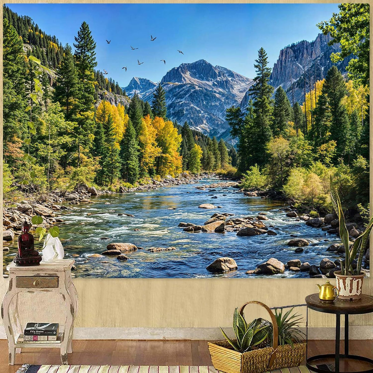 AMM Nature Forest Mountain Tapestry Green Pine Tree Tapestry for Bedroom Aesthetic Flowing River Landscape Tapestries Wall Hanging Bird Decor for Living Room Classroom Dorm Office
