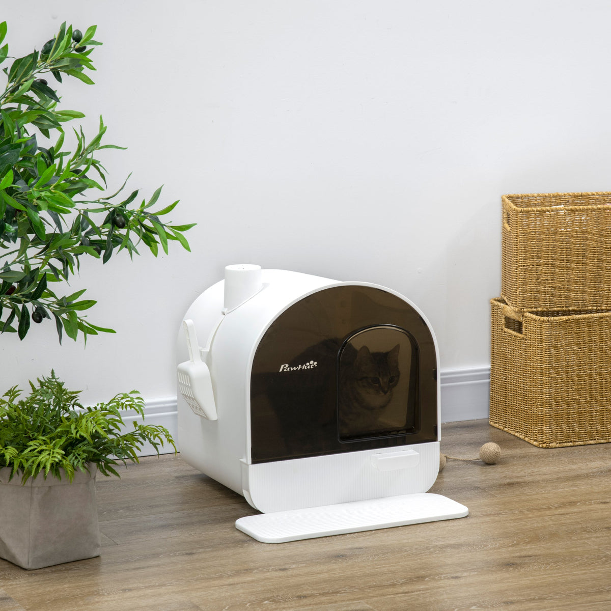 Cat Litter Box with Lid with Scoop and Filter, White